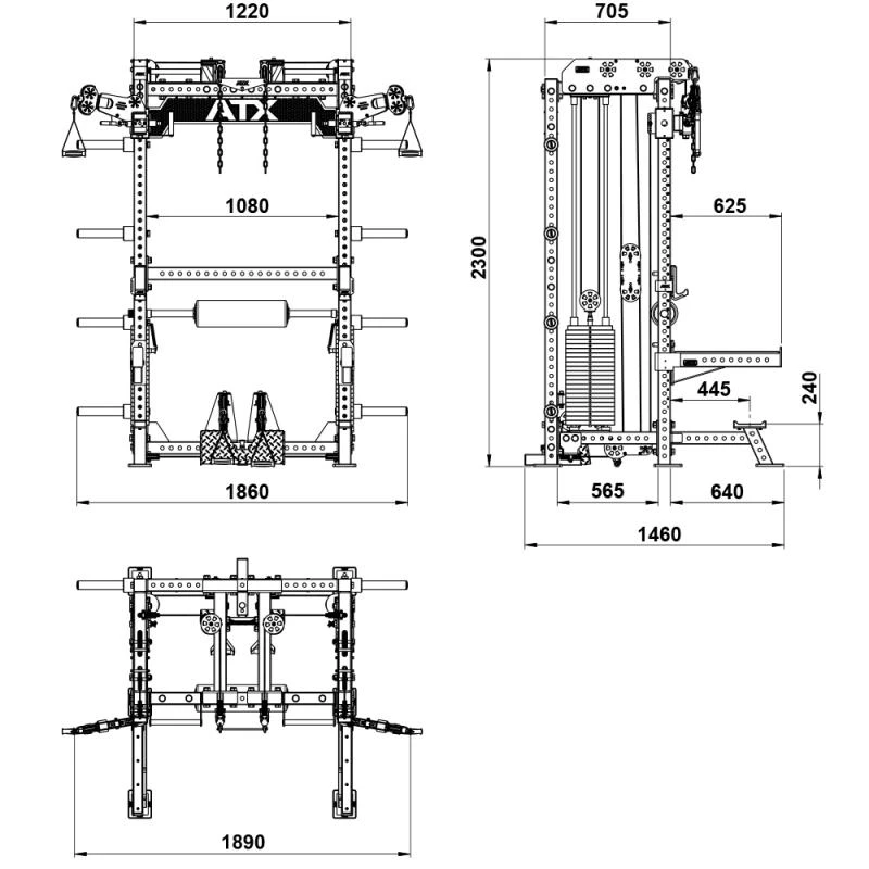 Afmetingen van het ATX Multi Pull Half Rack MPHR-740